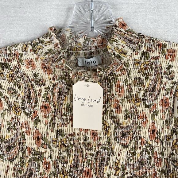 Fate Top Womens M Cream Floral Smocked Mock Neck Pullover Flowy Boho Cottage NWT - Picture 3 of 10
